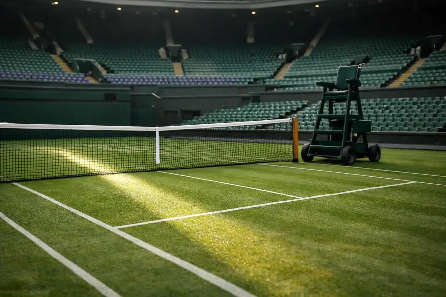 Pista central de Wimbledon con césped recién cortado durante la primera jornada del torneo