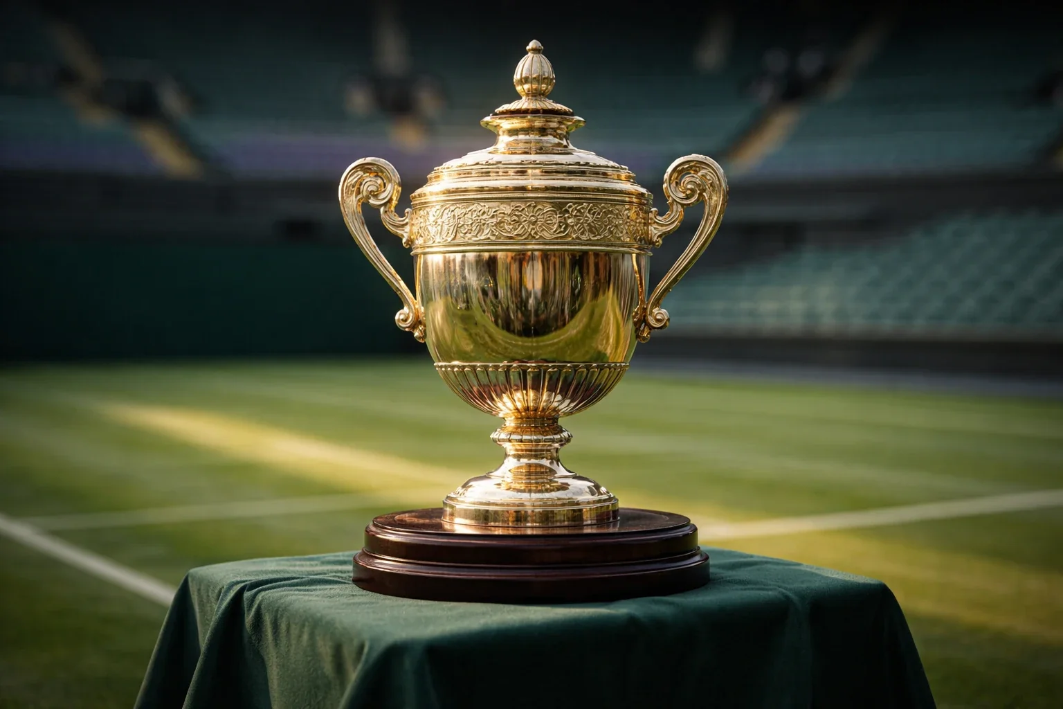 Trofeo dorado masculino de Wimbledon sobre pedestal verde oscuro en el Centre Court del All England Club